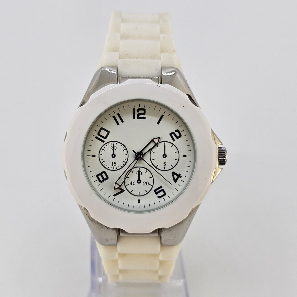 Unisex Analog Watch 40MM White Dial White Plastic Bands New Battery